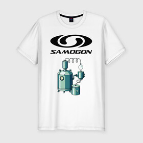 Мужская футболка хлопок Slim с принтом SAMOGON в Новосибирске, 92% хлопок, 8% лайкра | приталенный силуэт, круглый вырез ворота, длина до линии бедра, короткий рукав | Тематика изображения на принте: salomon | прикол | приколы | самогон | шутка | юмор