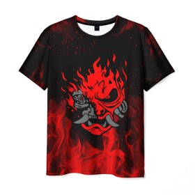 Мужская футболка 3D с принтом CYBERPUNK 2077 KEANU REEVES в Новосибирске, 100% полиэфир | прямой крой, круглый вырез горловины, длина до линии бедер | bright | cd project red | cyberpunk 2077 | fire | flame | heat | keanu reeves | light | samurai | wildfire | искры | киану ривз | киберпанк 2077 | огненный | огонь | пламя | пожар | самураи