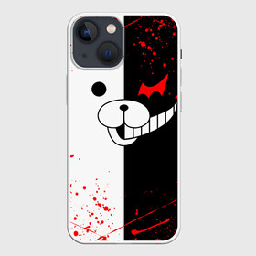 Чехол для iPhone 13 mini с принтом monokuma мордочка и брызги в Новосибирске,  |  | anime | bear | black  white | danganronpa | kurokuma | monodam | monokuma | monomi | monotaro | rabbit | school | shirokuma | аниме | главарь | мoноми | монокума | черно белый | школа