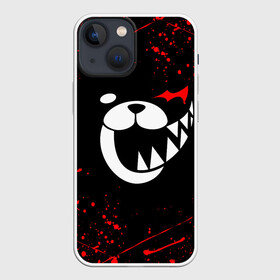 Чехол для iPhone 13 mini с принтом Monokuma красные брызги в Новосибирске,  |  | Тематика изображения на принте: anime | bear | black  white | danganronpa | kurokuma | monodam | monokuma | monomi | monotaro | rabbit | school | shirokuma | аниме | главарь | мoноми | монокума | черно белый | школа