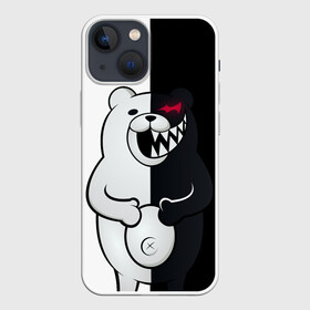 Чехол для iPhone 13 mini с принтом Монокума схватился за живот в Новосибирске,  |  | anime | bear | black  white | danganronpa | kurokuma | monodam | monokuma | monomi | monotaro | rabbit | school | shirokuma | аниме | главарь | мoноми | монокума | черно белый | школа