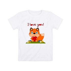 Детская футболка хлопок с принтом влюбленная лисичка i love you! в Новосибирске, 100% хлопок | круглый вырез горловины, полуприлегающий силуэт, длина до линии бедер | Тематика изображения на принте: 