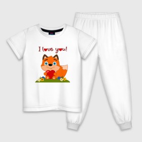 Детская пижама хлопок с принтом влюбленная лисичка i love you! в Новосибирске, 100% хлопок |  брюки и футболка прямого кроя, без карманов, на брюках мягкая резинка на поясе и по низу штанин
 | Тематика изображения на принте: 