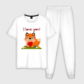 Мужская пижама хлопок с принтом влюбленная лисичка i love you! в Новосибирске, 100% хлопок | брюки и футболка прямого кроя, без карманов, на брюках мягкая резинка на поясе и по низу штанин
 | Тематика изображения на принте: 