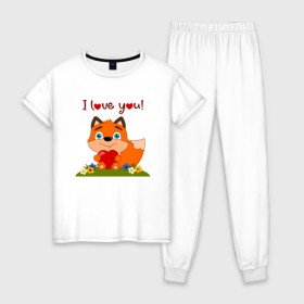 Женская пижама хлопок с принтом влюбленная лисичка i love you! в Новосибирске, 100% хлопок | брюки и футболка прямого кроя, без карманов, на брюках мягкая резинка на поясе и по низу штанин | Тематика изображения на принте: 