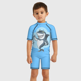 Детский купальный костюм 3D с принтом Акула с улыбкой в Новосибирске, Полиэстер 85%, Спандекс 15% | застежка на молнии на спине | shark | акула | весёлый | вода | животное | зубы | милый | море | океан | опасный | палец вверх | подводный | природа | рыба | синий | смешной | улыбка | хищник | хищное