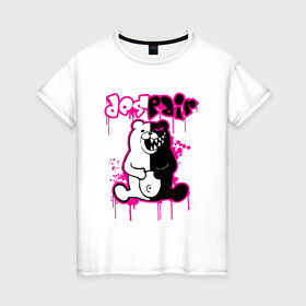 Женская футболка хлопок с принтом MONOKUMA в Новосибирске, 100% хлопок | прямой крой, круглый вырез горловины, длина до линии бедер, слегка спущенное плечо | anime | bear | black | danganronpa | japan | monokuma | white | аниме | белое | медведь | монокума | черное | япония