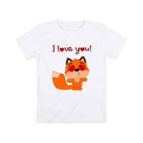 Детская футболка хлопок с принтом влюбленная лисичка i love you! в Новосибирске, 100% хлопок | круглый вырез горловины, полуприлегающий силуэт, длина до линии бедер | Тематика изображения на принте: fox | венок | лиса | лисенок | лисичка | полевые цветы | полынь | ромашки | цветы