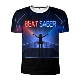 Мужская футболка 3D спортивная с принтом Beat Saber в Новосибирске, 100% полиэстер с улучшенными характеристиками | приталенный силуэт, круглая горловина, широкие плечи, сужается к линии бедра | 3d | 3д | beat | saber | виртуальная | игра | реальность | ритм