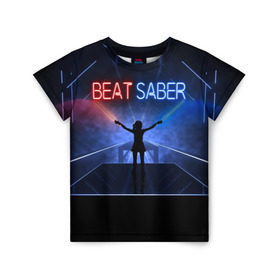 Детская футболка 3D с принтом Beat Saber в Новосибирске, 100% гипоаллергенный полиэфир | прямой крой, круглый вырез горловины, длина до линии бедер, чуть спущенное плечо, ткань немного тянется | 3d | 3д | beat | saber | виртуальная | игра | реальность | ритм