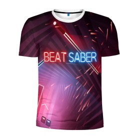 Мужская футболка 3D спортивная с принтом Beat Saber в Новосибирске, 100% полиэстер с улучшенными характеристиками | приталенный силуэт, круглая горловина, широкие плечи, сужается к линии бедра | 3d | 3д | beat | saber | виртуальная | игра | реальность | ритм