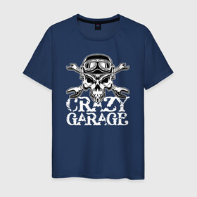 Мужская футболка хлопок с принтом Crazy garage в Новосибирске, 100% хлопок | прямой крой, круглый вырез горловины, длина до линии бедер, слегка спущенное плечо. | Тематика изображения на принте: bones | garage | helmet | orbits | skull | teeth | wrench | гаечный ключ | гараж | глазницы | зубы | череп | шлем