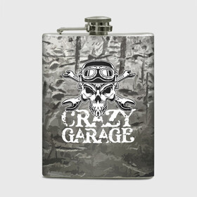 Фляга с принтом Crazy garage в Новосибирске, металлический корпус | емкость 0,22 л, размер 125 х 94 мм. Виниловая наклейка запечатывается полностью | Тематика изображения на принте: bones | garage | helmet | metal | orbits | skull | teeth | wrench | гаечный ключ | гараж | глазницы | зубы | металл | череп | шлем