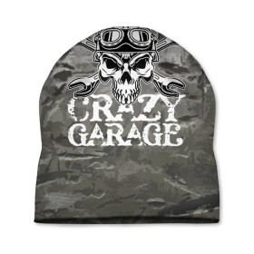 Шапка 3D с принтом Crazy garage в Новосибирске, 100% полиэстер | универсальный размер, печать по всей поверхности изделия | Тематика изображения на принте: bones | garage | helmet | metal | orbits | skull | teeth | wrench | гаечный ключ | гараж | глазницы | зубы | металл | череп | шлем