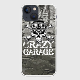 Чехол для iPhone 13 mini с принтом Crazy garage в Новосибирске,  |  | bones | garage | helmet | metal | orbits | skull | teeth | wrench | гаечный ключ | гараж | глазницы | зубы | металл | череп | шлем