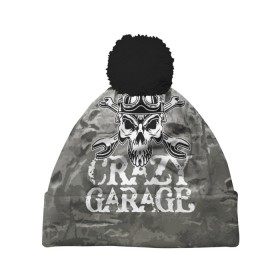 Шапка 3D c помпоном с принтом Crazy garage в Новосибирске, 100% полиэстер | универсальный размер, печать по всей поверхности изделия | Тематика изображения на принте: bones | garage | helmet | metal | orbits | skull | teeth | wrench | гаечный ключ | гараж | глазницы | зубы | металл | череп | шлем