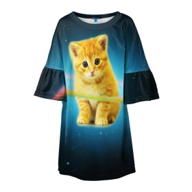 Детское платье 3D с принтом Рыжий Котик в Новосибирске, 100% полиэстер | прямой силуэт, чуть расширенный к низу. Круглая горловина, на рукавах — воланы | Тематика изображения на принте: cat | cats | животные | киса | киска | кот | котики | коты | котэ | кошка | природа