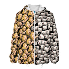 Мужская куртка 3D с принтом Девушки орут на котиков в Новосибирске, ткань верха — 100% полиэстер, подклад — флис | прямой крой, подол и капюшон оформлены резинкой с фиксаторами, два кармана без застежек по бокам, один большой потайной карман на груди. Карман на груди застегивается на липучку | Тематика изображения на принте: cat | meme | девушка | женщина | истерика | кот | котик | котики | коты | кошка | крик | кричит | мем | паттерн