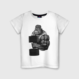 Детская футболка хлопок с принтом Горилла в Новосибирске, 100% хлопок | круглый вырез горловины, полуприлегающий силуэт, длина до линии бедер | бодибилдер | боец | горилла | громила | животные | здоровенный | здоровый | здоровье | мужик | рисунок | сила | сильный | спорт | спортсмен | стикер | тату