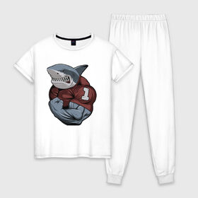 Женская пижама хлопок с принтом Shark в Новосибирске, 100% хлопок | брюки и футболка прямого кроя, без карманов, на брюках мягкая резинка на поясе и по низу штанин | shark | акула | бодибилдер | боец | громила | животные | здоровенный | здоровый | здоровье | мужик | рисунок | сила | сильный | спорт | спортсмен | стикер | тату