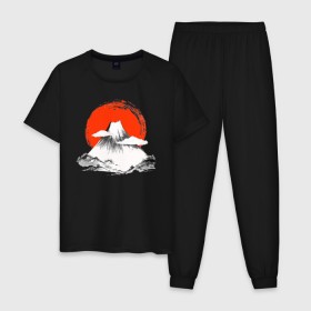 Мужская пижама хлопок с принтом Гора Фудзияма в Новосибирске, 100% хлопок | брюки и футболка прямого кроя, без карманов, на брюках мягкая резинка на поясе и по низу штанин
 | Тематика изображения на принте: japan | japanese | акварель | восходящие солнце | гора | закат | искуство | красками | краски | красное | на груди | облака | облако | пейзаж | склон | солнце | солнышко | спереди | туристическая | фудзияма
