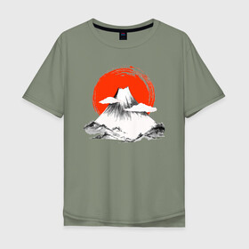 Мужская футболка хлопок Oversize с принтом Гора Фудзияма в Новосибирске, 100% хлопок | свободный крой, круглый ворот, “спинка” длиннее передней части | Тематика изображения на принте: japan | japanese | акварель | восходящие солнце | гора | закат | искуство | красками | краски | красное | на груди | облака | облако | пейзаж | склон | солнце | солнышко | спереди | туристическая | фудзияма