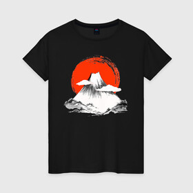 Женская футболка хлопок с принтом Гора Фудзияма в Новосибирске, 100% хлопок | прямой крой, круглый вырез горловины, длина до линии бедер, слегка спущенное плечо | japan | japanese | акварель | восходящие солнце | гора | закат | искуство | красками | краски | красное | на груди | облака | облако | пейзаж | склон | солнце | солнышко | спереди | туристическая | фудзияма