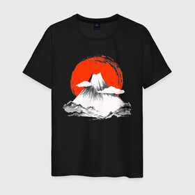 Мужская футболка хлопок с принтом Гора Фудзияма в Новосибирске, 100% хлопок | прямой крой, круглый вырез горловины, длина до линии бедер, слегка спущенное плечо. | Тематика изображения на принте: japan | japanese | акварель | восходящие солнце | гора | закат | искуство | красками | краски | красное | на груди | облака | облако | пейзаж | склон | солнце | солнышко | спереди | туристическая | фудзияма