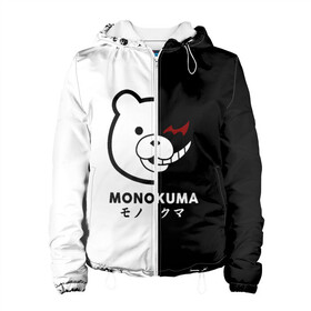 Женская куртка 3D с принтом _Monokuma_ в Новосибирске, ткань верха — 100% полиэстер, подклад — флис | прямой крой, подол и капюшон оформлены резинкой с фиксаторами, два кармана без застежек по бокам, один большой потайной карман на груди. Карман на груди застегивается на липучку | anime | character | dangan ronpa | kawai | manga | аниме | анимэ | глаз | данганронпа | двухцветная | директор | злодей | из | изображение | кавай | крутой | лицо | манга | медведь | милый | мишка | на груди | необычный | нос