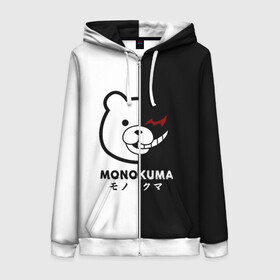 Женская толстовка 3D на молнии с принтом _Monokuma_ в Новосибирске, 100% полиэстер | длина до линии бедра, манжеты и пояс оформлены мягкой тканевой резинкой, двухслойный капюшон со шнурком для регулировки, спереди молния, по бокам два кармана | anime | character | dangan ronpa | kawai | manga | аниме | анимэ | глаз | данганронпа | двухцветная | директор | злодей | из | изображение | кавай | крутой | лицо | манга | медведь | милый | мишка | на груди | необычный | нос