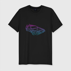 Мужская футболка хлопок Slim с принтом DeLorean gradient  в Новосибирске, 92% хлопок, 8% лайкра | приталенный силуэт, круглый вырез ворота, длина до линии бедра, короткий рукав | Тематика изображения на принте: автомобиль | арт | градиент | машина | неон | силуэт | тачка | фильм | цвета