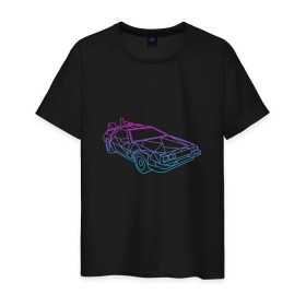 Мужская футболка хлопок с принтом DeLorean gradient в Новосибирске, 100% хлопок | прямой крой, круглый вырез горловины, длина до линии бедер, слегка спущенное плечо. | Тематика изображения на принте: автомобиль | арт | градиент | машина | неон | силуэт | тачка | фильм | цвета