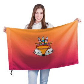 Флаг 3D с принтом Лиса Индеец в Новосибирске, 100% полиэстер | плотность ткани — 95 г/м2, размер — 67 х 109 см. Принт наносится с одной стороны | fox | венок | животные | лиса | лисенок | лисичка | полевые цветы | полынь | рисунок | ромашки | стикер | цветы
