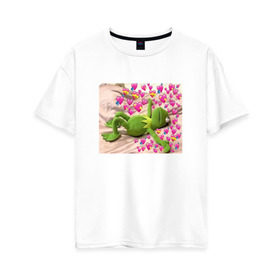 Женская футболка хлопок Oversize с принтом Кермит и сердечки в Новосибирске, 100% хлопок | свободный крой, круглый ворот, спущенный рукав, длина до линии бедер
 | интернет мем | кермит | любовь | мем | персонаж | прикол | сердечки | сердца | улица сезам