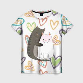 Женская футболка 3D с принтом Сладкая парочка в Новосибирске, 100% полиэфир ( синтетическое хлопкоподобное полотно) | прямой крой, круглый вырез горловины, длина до линии бедер | 14 февраля | 8 марта | валентинов день | верность | влюбленность | влюбленные | вместе навсегда | двое | девичник | девушке | кот | коты | кошка | кошки | любимая | любимый | люблю | люблю тебя | мы с то