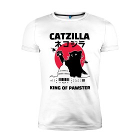 Мужская футболка премиум с принтом Catzilla King of Pawster в Новосибирске, 92% хлопок, 8% лайкра | приталенный силуэт, круглый вырез ворота, длина до линии бедра, короткий рукав | cat | catzilla | kitty | paw | pawster | годзилла | кот | котики | коты | кошки | пародия