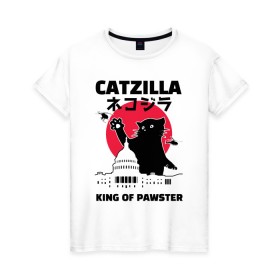 Женская футболка хлопок с принтом Catzilla King of Pawster в Новосибирске, 100% хлопок | прямой крой, круглый вырез горловины, длина до линии бедер, слегка спущенное плечо | cat | catzilla | kitty | paw | pawster | годзилла | кот | котики | коты | кошки | пародия