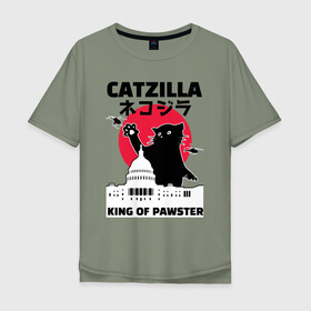 Мужская футболка хлопок Oversize с принтом Catzilla King of Pawster в Новосибирске, 100% хлопок | свободный крой, круглый ворот, “спинка” длиннее передней части | Тематика изображения на принте: cat | catzilla | kitty | paw | pawster | годзилла | кот | котики | коты | кошки | пародия