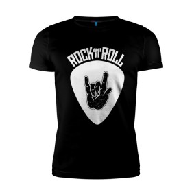 Мужская футболка премиум с принтом Rock в Новосибирске, 92% хлопок, 8% лайкра | приталенный силуэт, круглый вырез ворота, длина до линии бедра, короткий рукав | Тематика изображения на принте: fingers | metal | music | rock | коза | медиатор | метал | музыка | пальцы | рок | рука