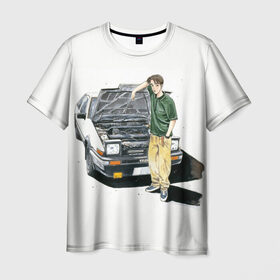 Мужская футболка 3D с принтом Initial D Takumi & Toyota AE 86 в Новосибирске, 100% полиэфир | прямой крой, круглый вырез горловины, длина до линии бедер | ae 86 | anime | car | fujiwara | initial d | japan | jdm | levin | stance | takumi | toyota | trueno | автомобили | аниме | гонки | инициал д | такуми