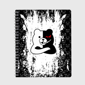 Тетрадь с принтом MONOKUMA в Новосибирске, 100% бумага | 48 листов, плотность листов — 60 г/м2, плотность картонной обложки — 250 г/м2. Листы скреплены сбоку удобной пружинной спиралью. Уголки страниц и обложки скругленные. Цвет линий — светло-серый
 | anime | bear | black  white | danganronpa | kurokuma | monodam | monokuma | monomi | monotaro | pink | rabbit | school | shirokuma | аниме | главарь | мoноми | монокума | черно белый | школа