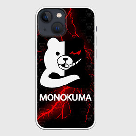 Чехол для iPhone 13 mini с принтом Монокума с красной молнией в Новосибирске,  |  | anime | bear | black  white | danganronpa | kurokuma | monodam | monokuma | monomi | monotaro | pink | rabbit | school | shirokuma | аниме | главарь | мoноми | монокума | черно белый | школа