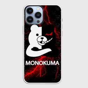 Чехол для iPhone 13 Pro Max с принтом Монокума с красной молнией в Новосибирске,  |  | anime | bear | black  white | danganronpa | kurokuma | monodam | monokuma | monomi | monotaro | pink | rabbit | school | shirokuma | аниме | главарь | мoноми | монокума | черно белый | школа