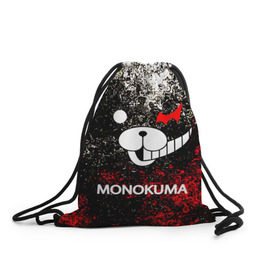 Рюкзак-мешок 3D с принтом MONOKUMA. в Новосибирске, 100% полиэстер | плотность ткани — 200 г/м2, размер — 35 х 45 см; лямки — толстые шнурки, застежка на шнуровке, без карманов и подкладки | Тематика изображения на принте: anime | bear | black  white | danganronpa | kurokuma | monodam | monokuma | monomi | monotaro | pink | rabbit | school | shirokuma | аниме | главарь | мoноми | монокума | черно белый | школа