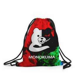 Рюкзак-мешок 3D с принтом MONOKUMA. в Новосибирске, 100% полиэстер | плотность ткани — 200 г/м2, размер — 35 х 45 см; лямки — толстые шнурки, застежка на шнуровке, без карманов и подкладки | Тематика изображения на принте: anime | bear | black  white | danganronpa | kurokuma | monodam | monokuma | monomi | monotaro | pink | rabbit | school | shirokuma | аниме | главарь | мoноми | монокума | черно белый | школа
