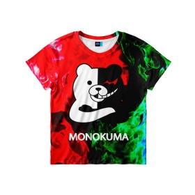 Детская футболка 3D с принтом MONOKUMA. в Новосибирске, 100% гипоаллергенный полиэфир | прямой крой, круглый вырез горловины, длина до линии бедер, чуть спущенное плечо, ткань немного тянется | Тематика изображения на принте: anime | bear | black  white | danganronpa | kurokuma | monodam | monokuma | monomi | monotaro | pink | rabbit | school | shirokuma | аниме | главарь | мoноми | монокума | черно белый | школа