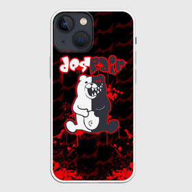 Чехол для iPhone 13 mini с принтом Монокума красные волны в Новосибирске,  |  | anime | bear | black  white | danganronpa | kurokuma | monodam | monokuma | monomi | monotaro | pink | rabbit | school | shirokuma | аниме | главарь | мoноми | монокума | черно белый | школа