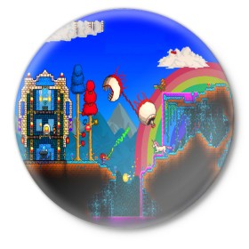 Значок с принтом TERRARIA GAME в Новосибирске,  металл | круглая форма, металлическая застежка в виде булавки | Тематика изображения на принте: game | pixel | terraria | игра | пиксель | террариа