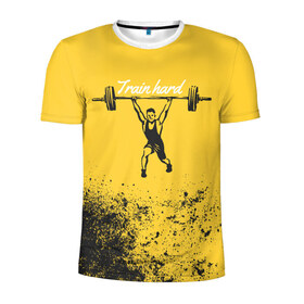Мужская футболка 3D спортивная с принтом Train hard в Новосибирске, 100% полиэстер с улучшенными характеристиками | приталенный силуэт, круглая горловина, широкие плечи, сужается к линии бедра | lifting | wheight lifting | wheightlifting | тяжелая атлетика | штанга | штангист