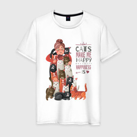 Мужская футболка хлопок с принтом Кошки делают меня счастливее в Новосибирске, 100% хлопок | прямой крой, круглый вырез горловины, длина до линии бедер, слегка спущенное плечо. | Тематика изображения на принте: like | вип | девушке | дочке | другу | жене | котики | коты | котэ | котяра | кошки | лайк | любимому | маме | мужу | надпись | надпись на английском | папе | парню | приколы | сыну | текст | топ